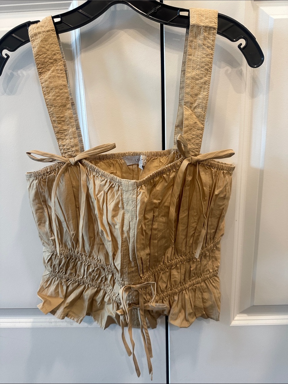 LOFT Tan Ruched Tie-Front Crop Top with Straps